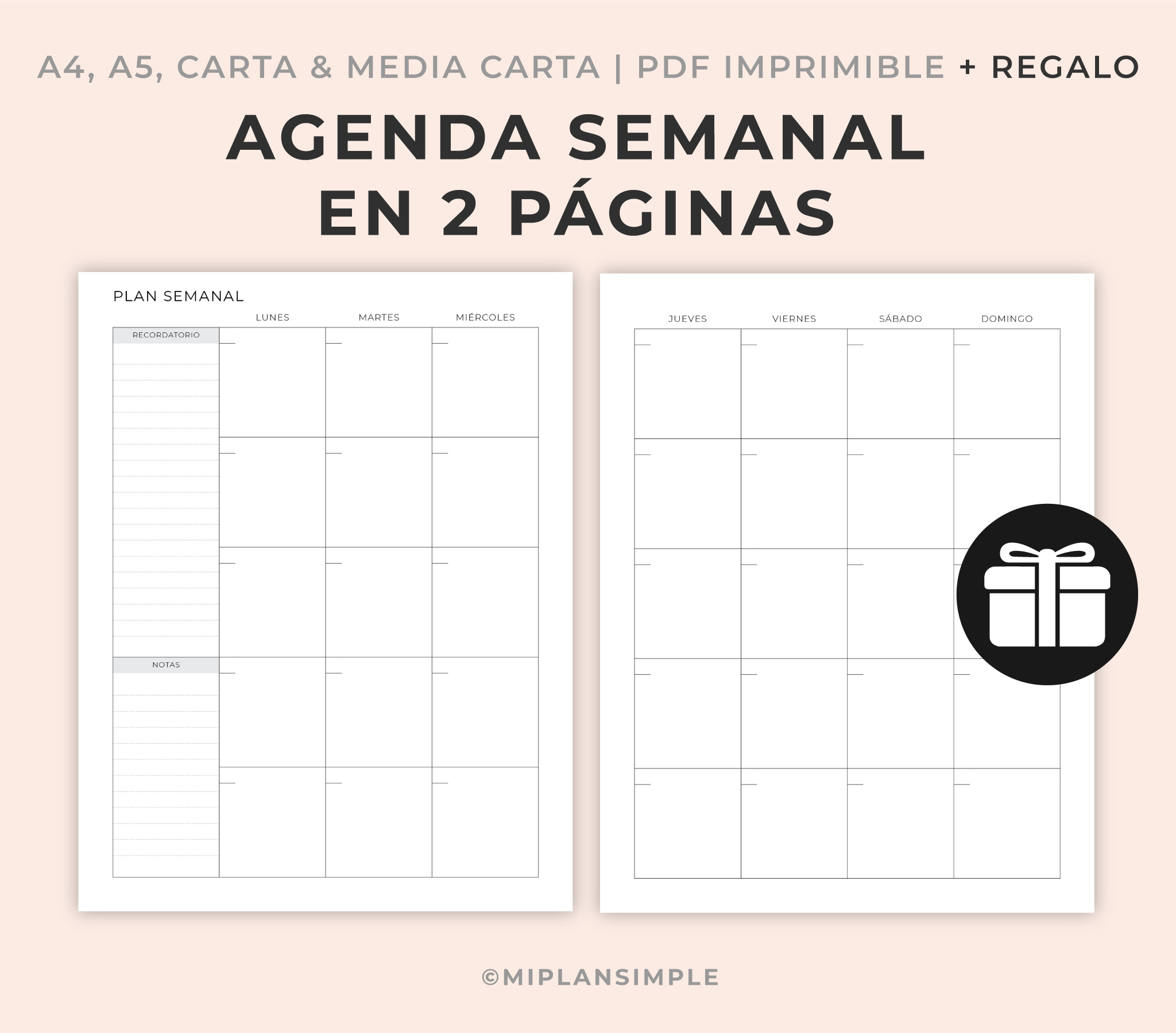 ajustar mantequilla Denso Agenda Semanal PDF para imprimir, Carta, A4 & A5 - MIPLANSIMPLE
