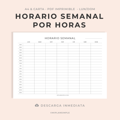 Horario semanal PDF A4 y Carta, horario semanal por horas clases