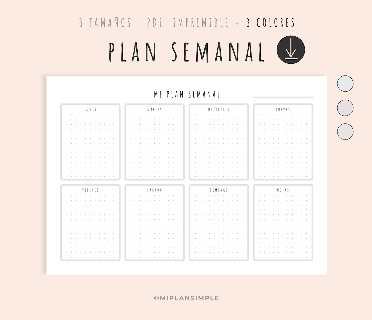 Planner semanal descargable español PDF vista horizontal MIPLANSIMPLE